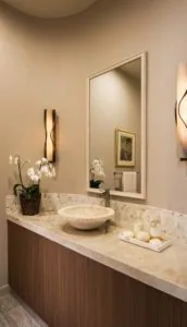Modern bathroom vanity with cream marble countertop, vessel sink, framed mirror, and wall sconces