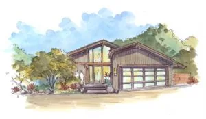 Watercolor sketch of modern single-story residential home with large garage, gable roof, and landscaping