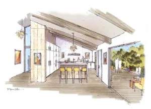 Interior architectural sketch of open-plan living space with kitchen, bar seating, and outdoor patio view with exposed beams and natural lighting