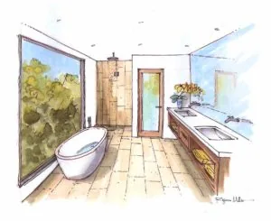 Watercolor sketch of a bathroom interior with toilet, double sink vanity, wooden flooring, and large window with garden view