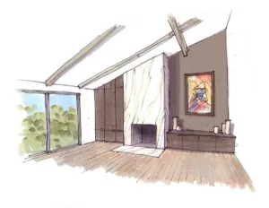 Interior sketch of modern attic bedroom with skylights, wooden beams, large windows, flowing white curtains, framed artwork, and wooden flooring.